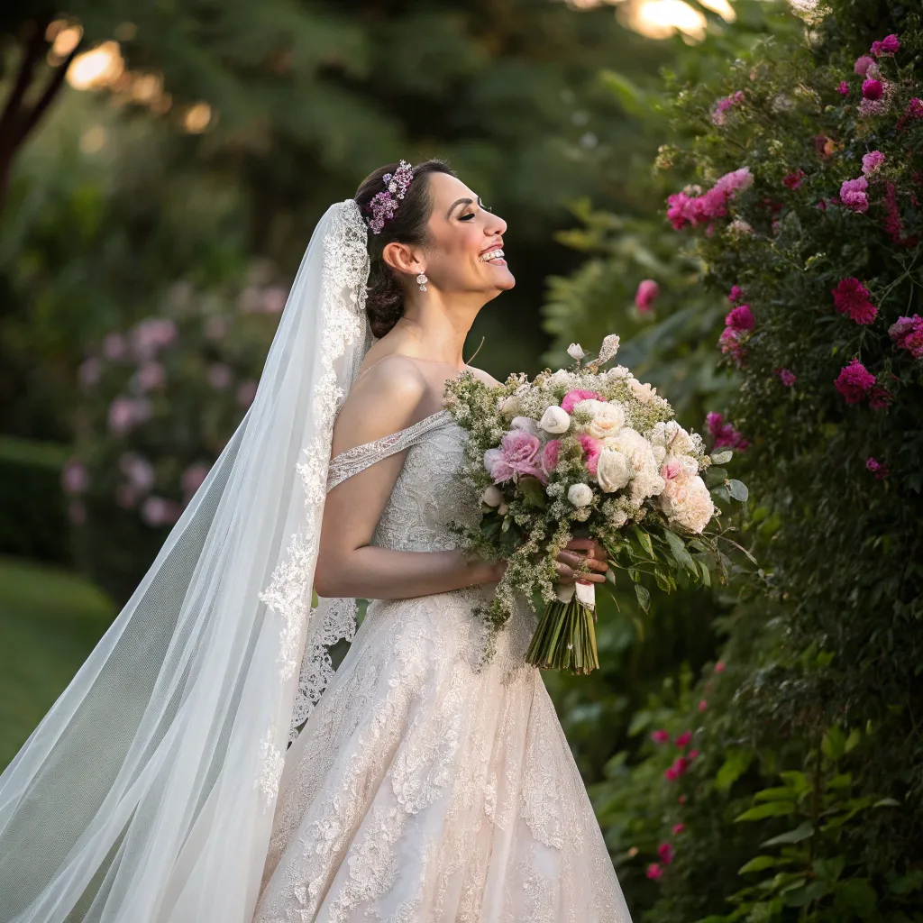 Bride holding a bouquet and smiling